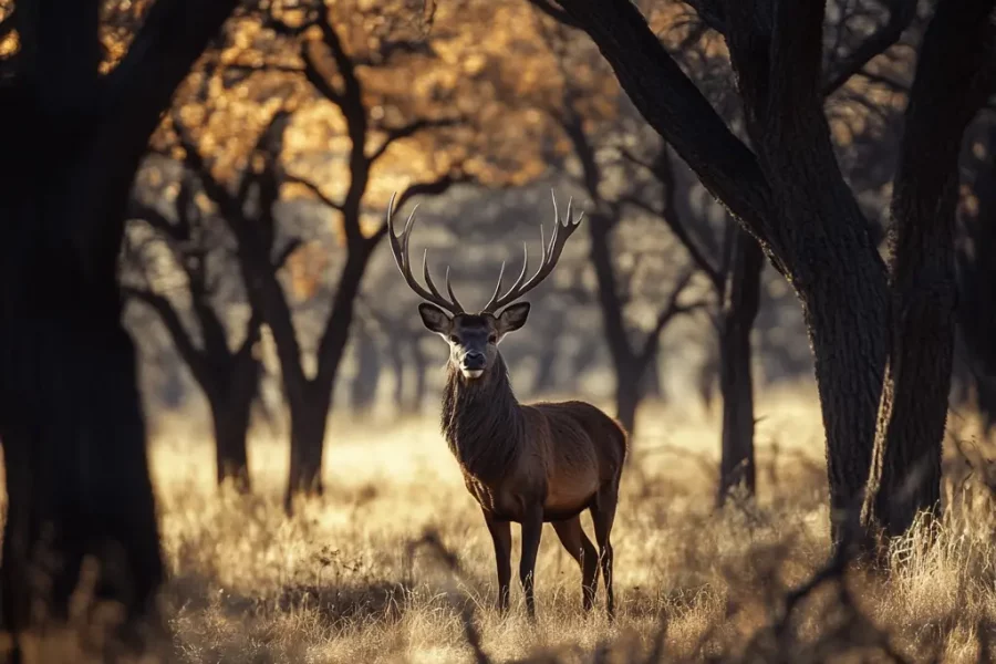 Ciervo rojo entre caldenes en el campo pampeano, símbolo de la fauna nativa - Rural Argentina – Venta de Campos.