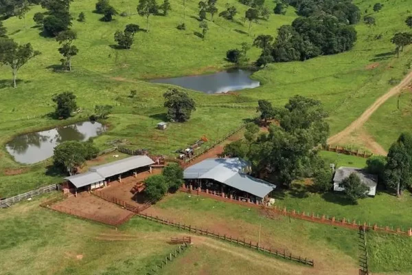 Infraestructura rural con galpones y lagunas en campo de Misiones visto desde el aire