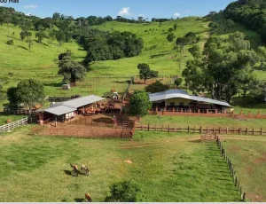 Vista aérea del casco y corrales de un campo ganadero en Misiones con laderas verdes