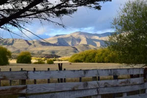 Valle patagónico de la finca en venta en Esquel, rodeado de álamos. 