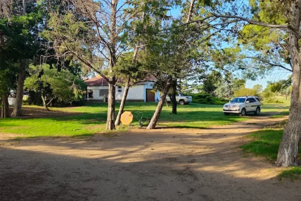 Camino interno con árboles y acceso a la vivienda en finca rural en Buenos Aires.