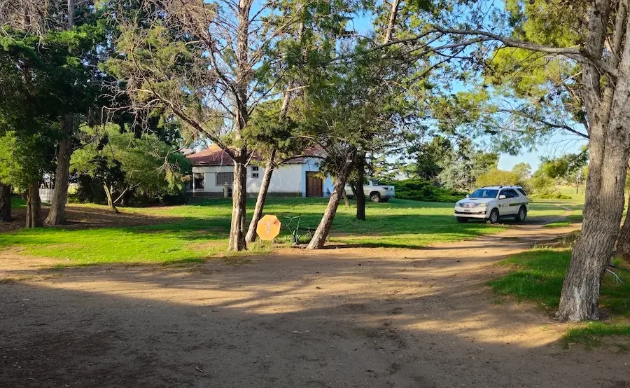 Camino interno con árboles y acceso a la vivienda en finca rural en Buenos Aires.